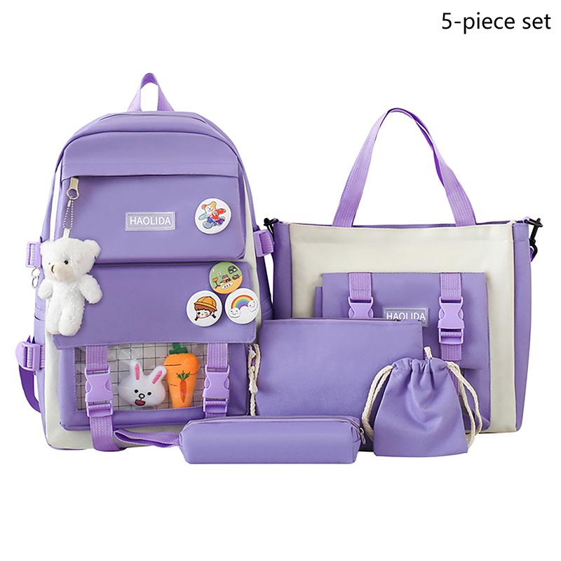Five Piece Set Student Schoolbag Transparent Backpack  Women Outdoor Portable Storage Bags Large Capacity Travel Bag Gift