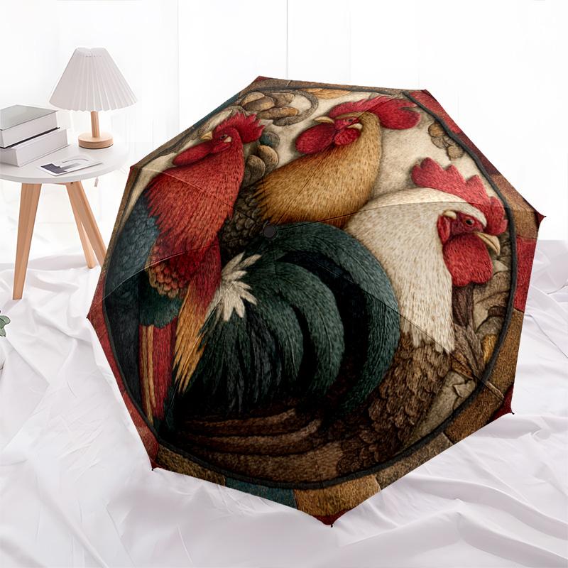 1 PC Automatic Folding Umbrella - Roosters Pattern, Portable & Foldable Design with 8 Ribs, Christmas Birthday Gifts
