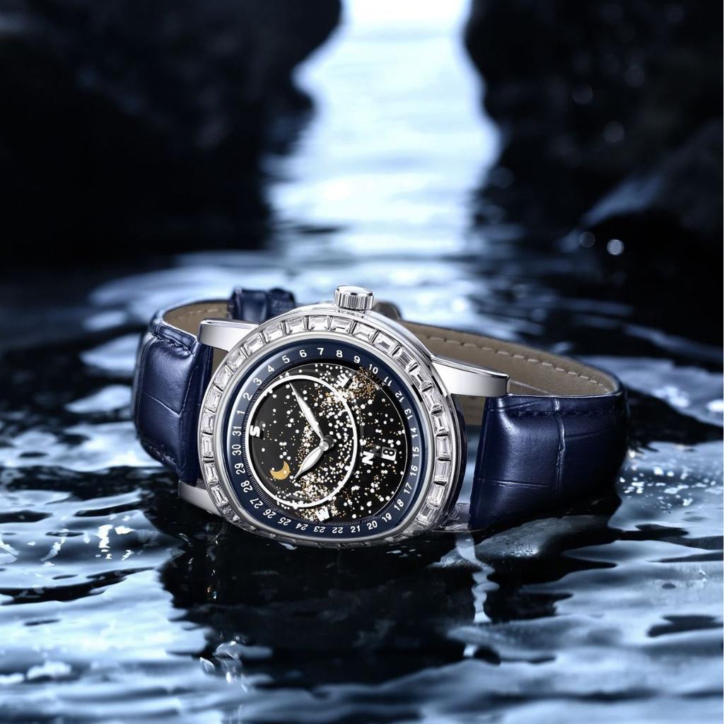 Rotating Gypsy Star Empty Disc Diamond Watch Men'S Fashion Sun Moon Star Waterproof Luminous Men'S Watch