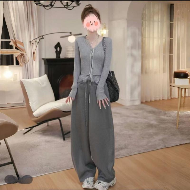 Two-piece Lace Spliced Knitted Cardigan for Women in 2025 Autumn New Slim Long-sleeved Jacket