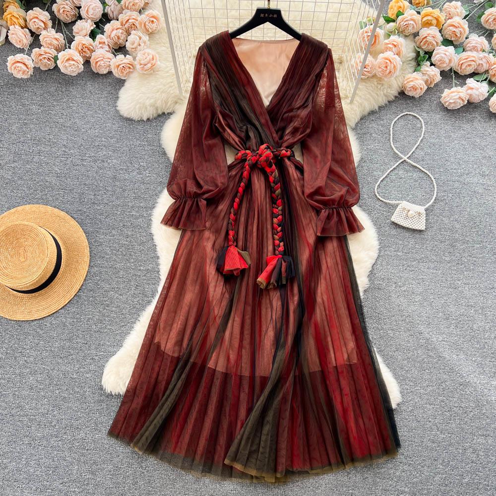 Kadın Örgü Parti Uzun Elbise V Boyun Uzun Kollu Degrade Dantel Up A Line Sundress Moda Bohe Pilili Maxi Elbise