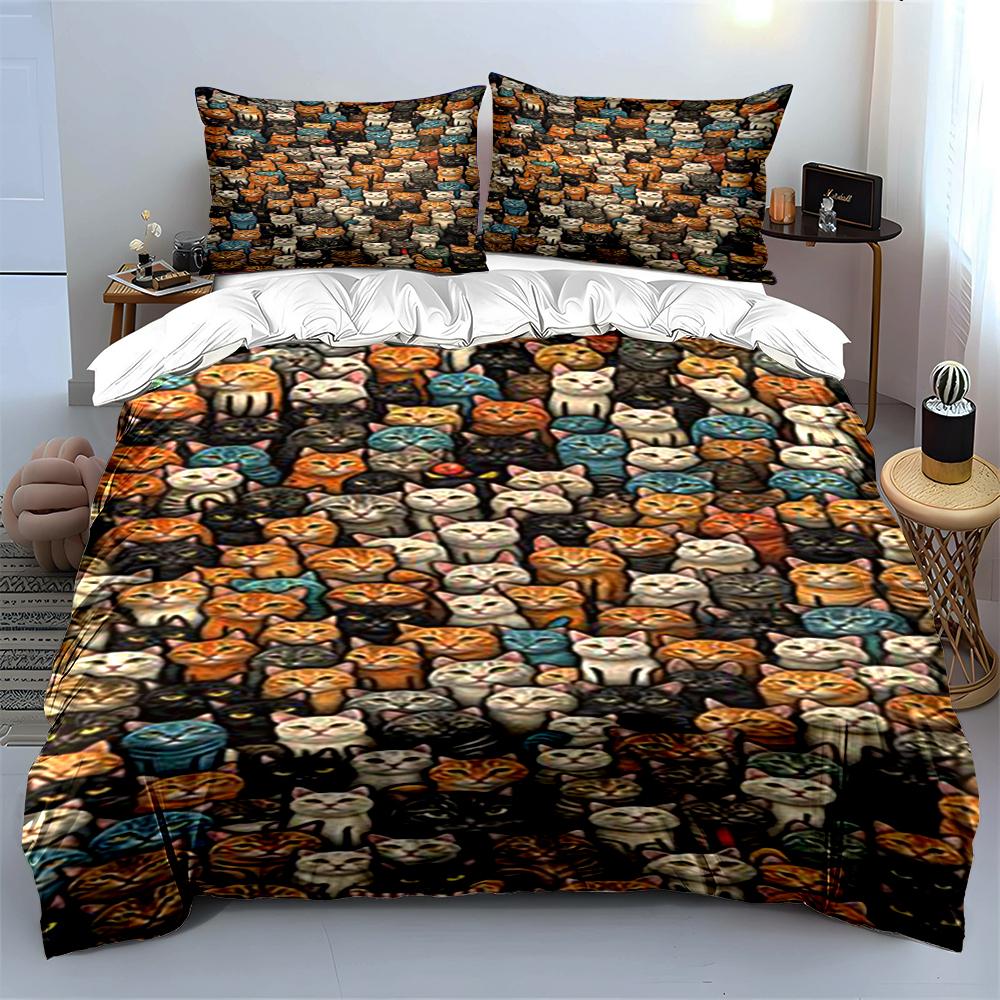 Colorful Cat Faces Pattern Bedding Set Bedding set (1 duvet cover, 2 pillowcases, duvet not included)