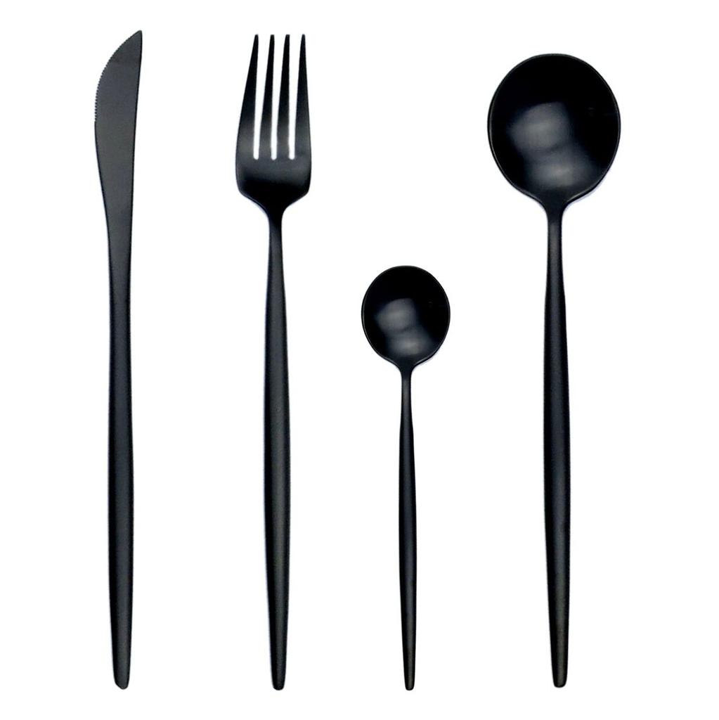 4Pcs Matte Black Gold Dinnerware Set Dinner Cutlery Knives Forks Spoons Teaspoons 304 (18/10) Stainless Steel Silverware Set