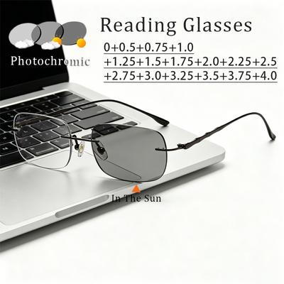 Ultra-lightweight Frameless Photochromic Presbyopia Glasses Stylish Square-frame Blue Light-blocking Women Reader Eyewear