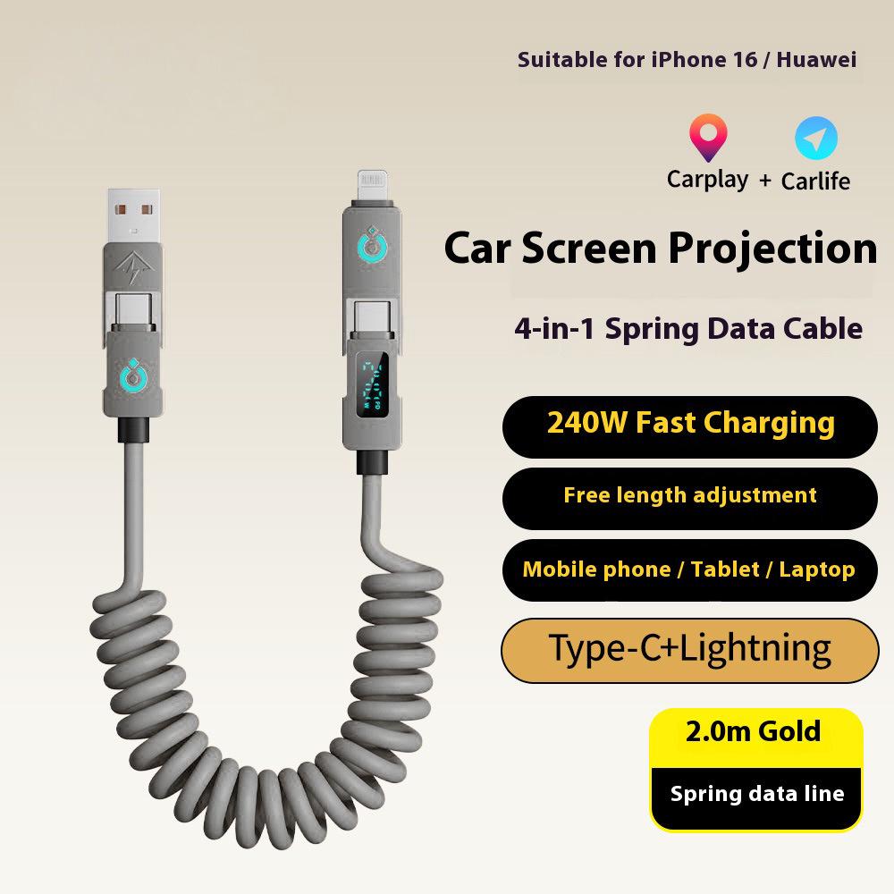 

Spring Retractable 4-in-1 240W Fast Charge 2m Type-C Cable for Apple & Huawei Laptops