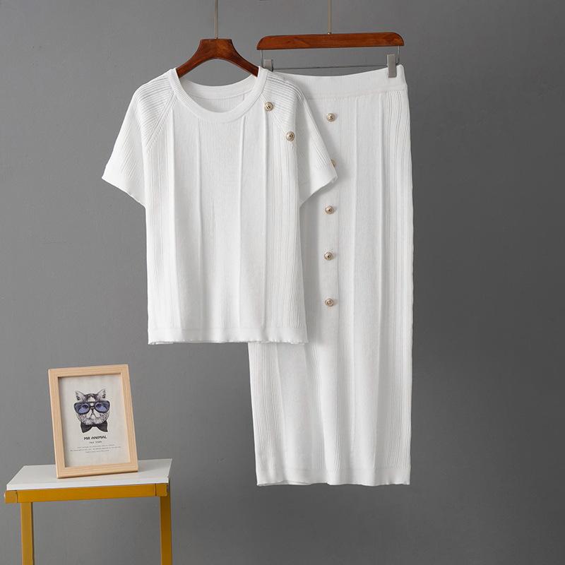 2025 Summer Short-sleeved Versatile Short Knitted T-shirt Top + Half-body Medium and Long Skirt Set