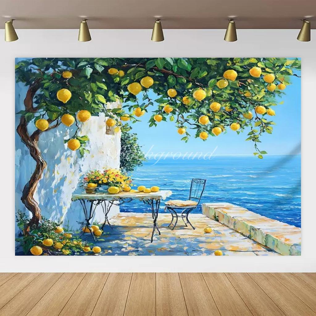 Banner Background with Lemon Tree Harvest Theme and Mediterranean Landscape Garden, Anniversary Room Decoration, Photo Backdrop