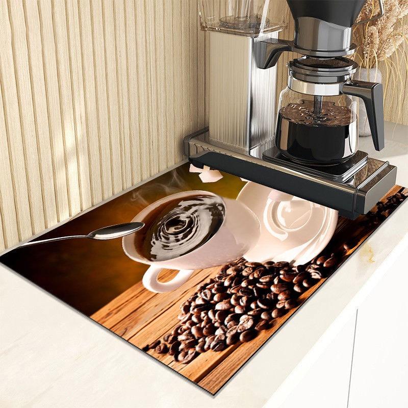Kitchen Tableware Drying Mat Printed Coffee Machine Drain Pad Countertop Absorbent Draining Mat Placemat Dinnerware Table Decor