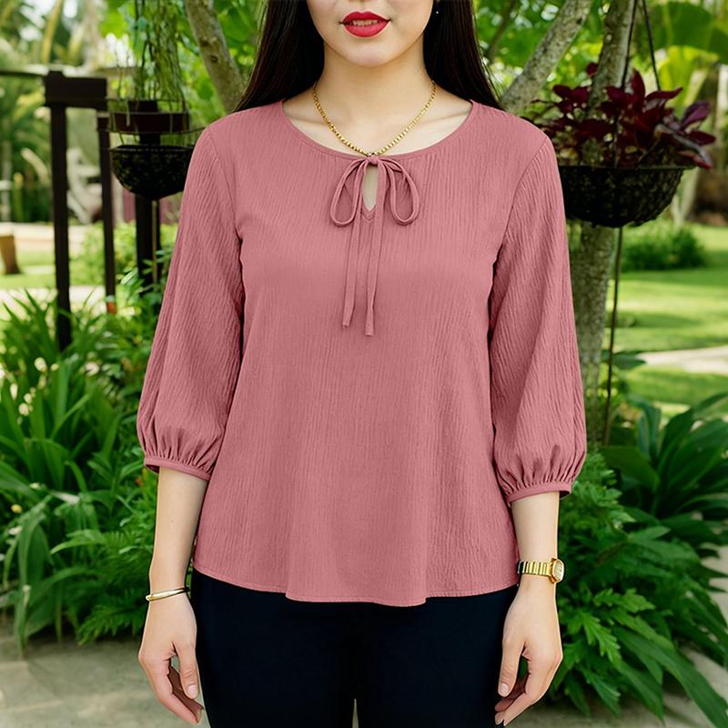 ZANZEA Blusa informal holgada de color liso con cuello redondo y mangas 3/4 para mujer