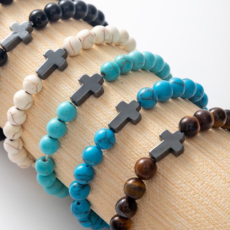 Fashion 8mm Crystal Healing Natural Mens Tiger Eye Lava Stone Gemstone Turquoise Beaded Black Gallstone Cross Bracelet Jewelry