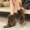 Fashion Comemore Autumn Winter Pointed Sexy Leopard Print Fur Boots for Women Padded Warm Temperament High-heeled Short Bota Feminina
