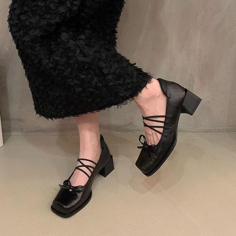 French black bow Mary Jane shoes women's 2025 early autumn new retro versatile thick heel square head temperament single shoes