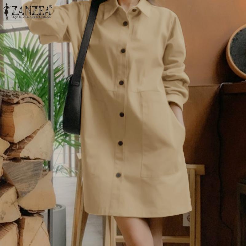 

ZANZEA женские накладные карманы с длинными рукавами и лацканами, прямые однотонные свободные короткие платья-рубашки S чёрный