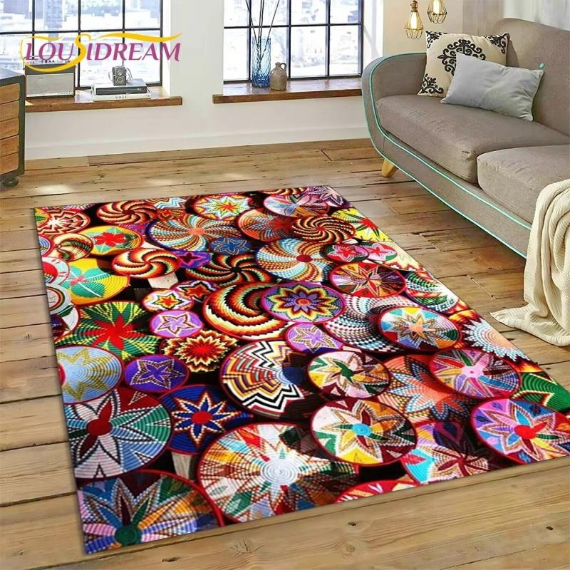 3D Ethiopia Colorful Flower Woven Art Baskets Mandala Rug Carpet for Living Room Bedroom Home Decor,Non-slip for Sofa Doormat