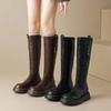 Korean version of the new round-headed high boots, thick-soled large-size women's boots, non-slip medium-heeled leather boots, square and autumn and
