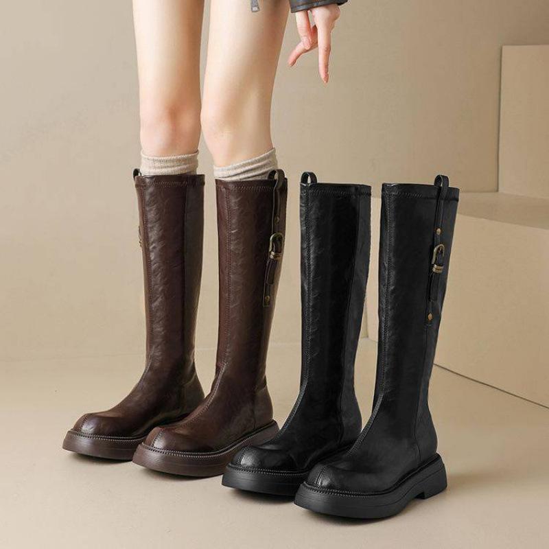 Korean version of the new round-headed high boots, thick-soled large-size women's boots, non-slip medium-heeled leather boots, square and autumn and