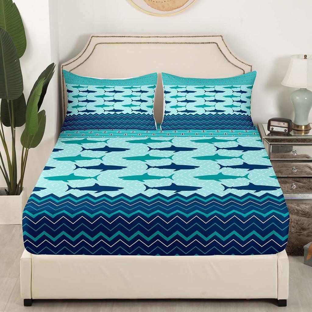 Ocean Animal Shark Pattern Bed Hat Four-Piece Bedding Set Bedroom Dormitory Bedding Decoration