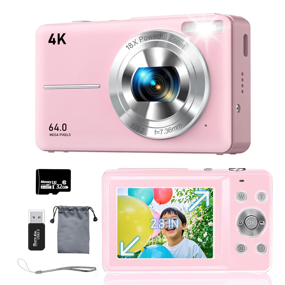 

Digital Camera [4K Video Recording, 64 Megapixels] with 32GB Micro SD Card, AF Autofocus, Compact Camera, Large 2.8-inch Screen, 18x Zoom, Flash,