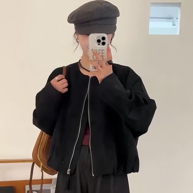 European Suede Women's Casual Jacket – 2025 Spring/Autumn, Loose Slimming Fit, Petite, Stylish, Short Design