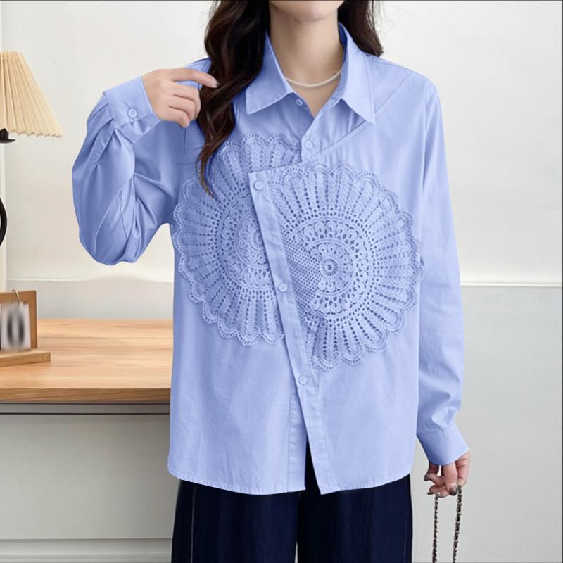 

ZANZEA Женская повседневная блузка с отложным воротником, длинными рукавами и кружевной отделкой пэчворк 3XL синий