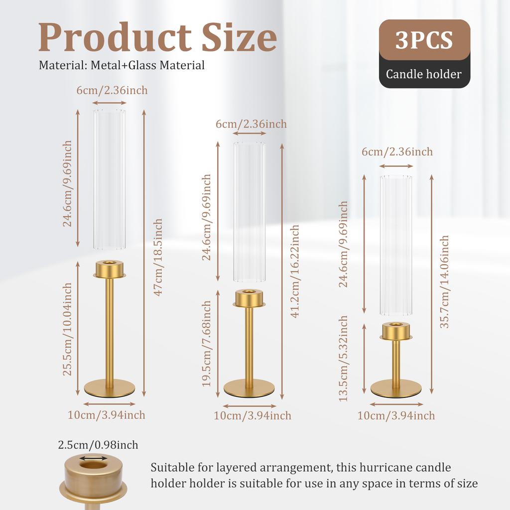 3Pcs Candlestick Holder Hurricane Candle Holder with Ribbed Glass Cylinder Windproof Tall Candlestick Holder for Table Fireplace