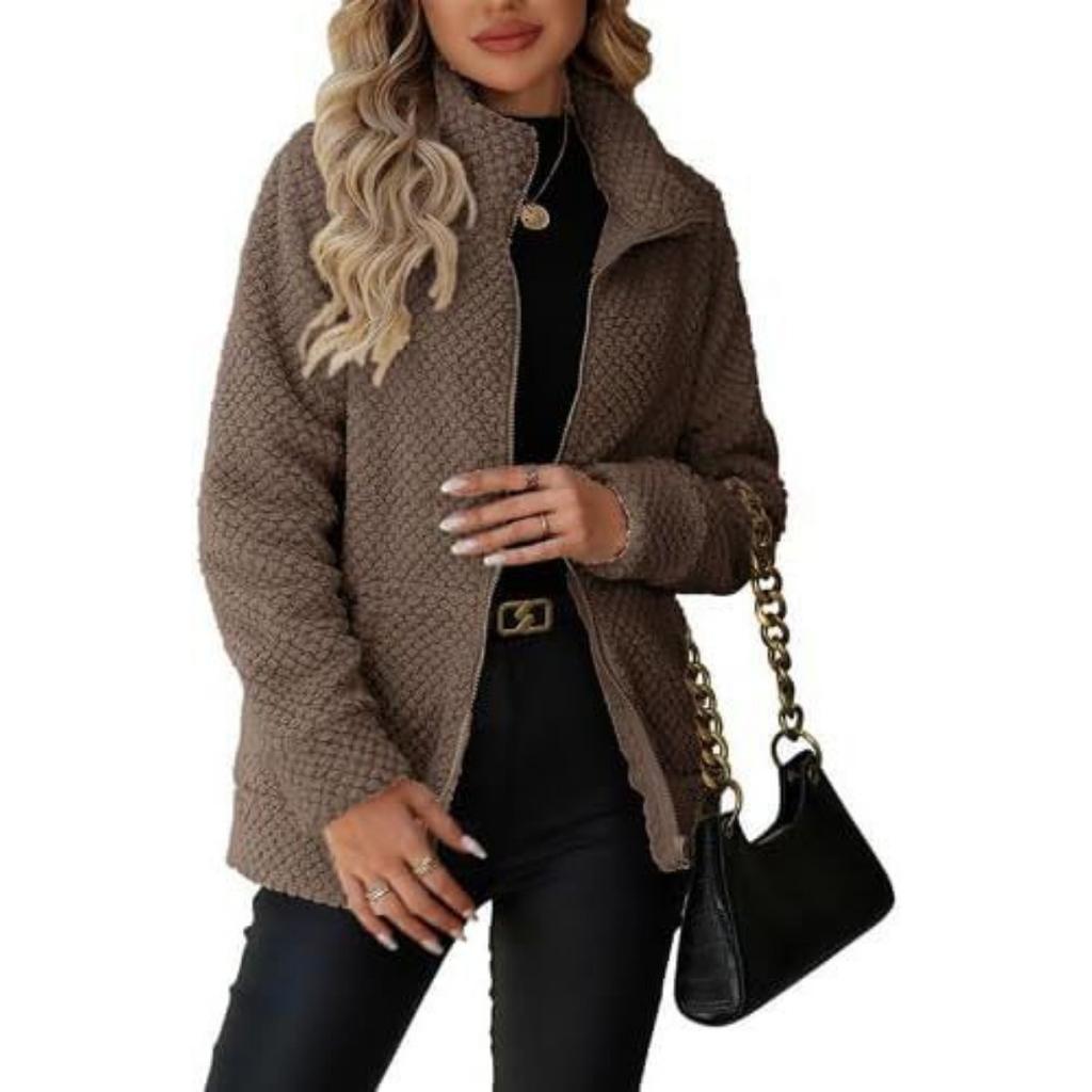 Fall Winter Women's Fleece Jacket, Loose Casual Lapel Zip Up Cardigan Coat With Pockets, European American Style Outerwear