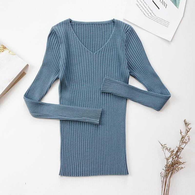 Women's Autumn Sweaters V-neck Slim Fit Pullover Long Sleeve Base Knitted Sweater Woman Winter Fashion Solid Bottoming Warm Knitwear Jumpers 24967