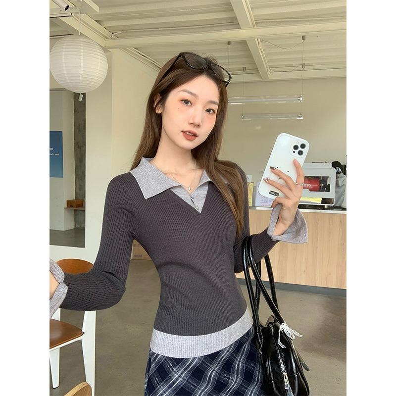 Spring Autumn Polo-neck Fake Two Pieces Knitting Top Women Casual Fashion All-match Pullover Bottomed Sweater