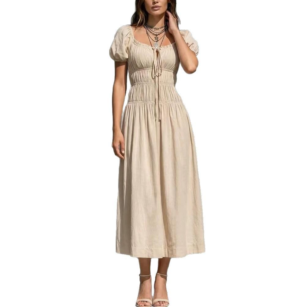 European and American women's clothing retro square neck tie bow waist thin bubble sleeve dress