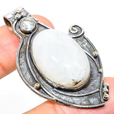 Natural Rainbow Moonstone, Topaz Gemstone 925 Sterling Silver Pendant 2.09" H8E76