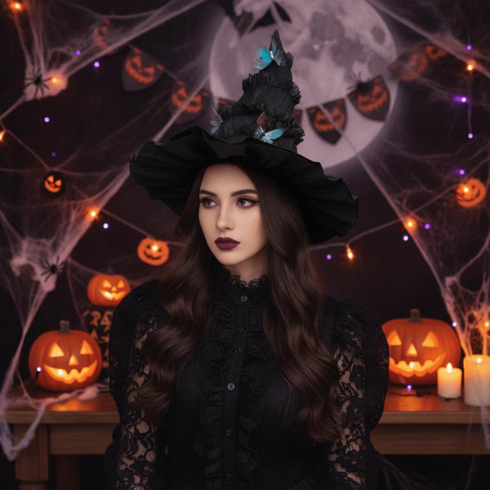 Tall Pointed Cone Top Halloween Hat Gothic Ruched Masquerade Cap Lolita Witch Hat  Masquerade Ball