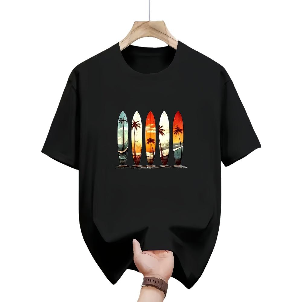 Summer Fashion Surfboard Sunset Palm Tree Pattern Printed Tshirt for Outdoor Sports Pure Cotton Mens Shortsleeved Tshirt XL