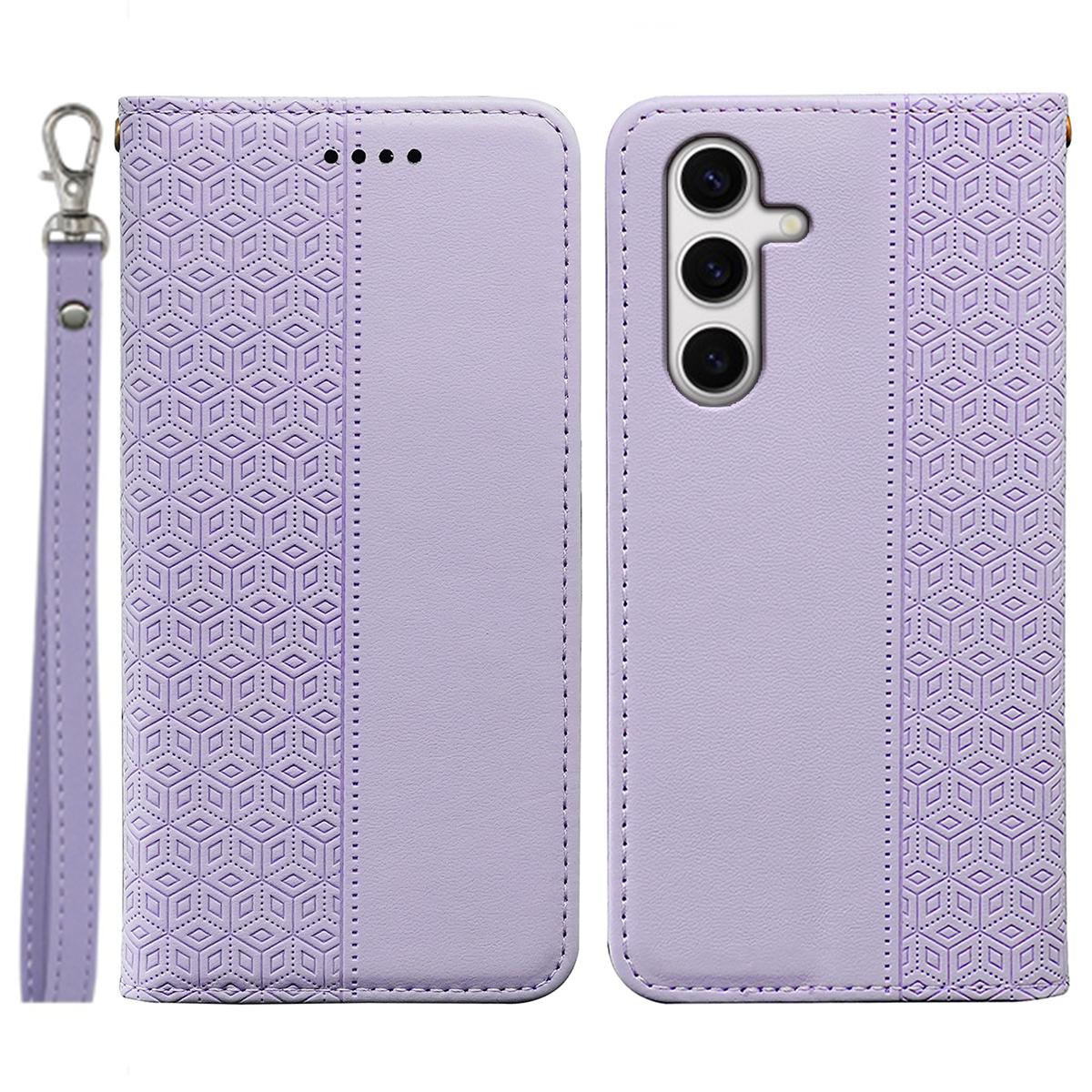 

Для Samsung Galaxy S24 FE Кошелек Чехол для Телефона Клетчатый Рисунок Тиснение Кожаная Откидная Крышка с Ремешком на Запястье E