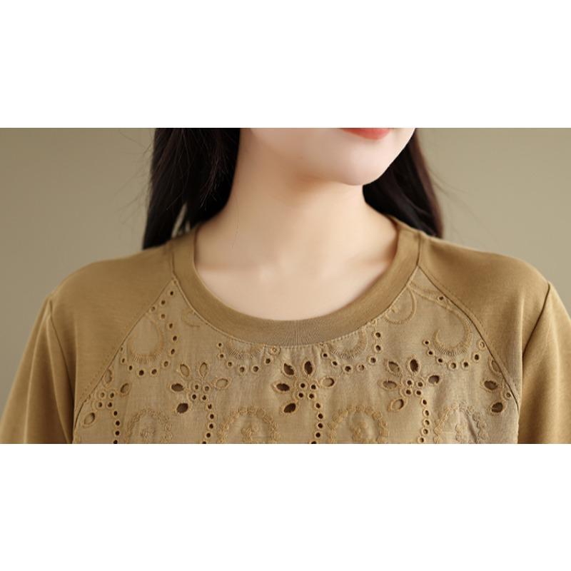 Dimanaf 2025 Summer Plus Size Tops Cotton T-Shirt Floral Hollow Women O-Neck Short Sleeve Loose Solid Tees