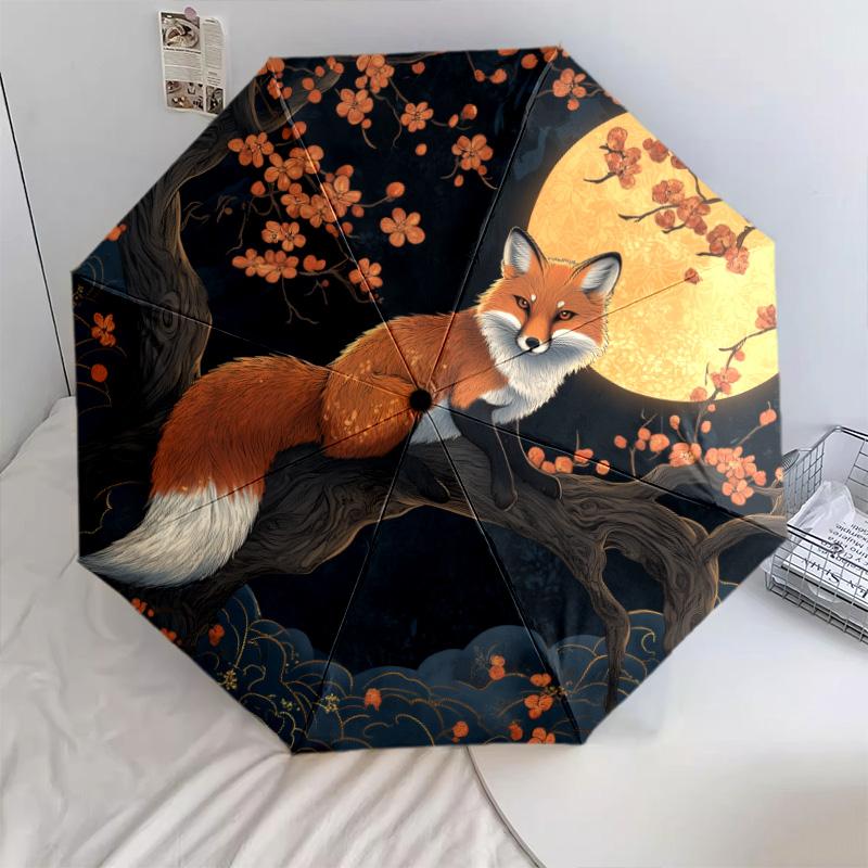 0106 Cherry Blossom Fox Pattern, Automatic Folding Umbrella, Portable and Foldable Design, 8 Ribs, a Christmas or Birthday Gift.