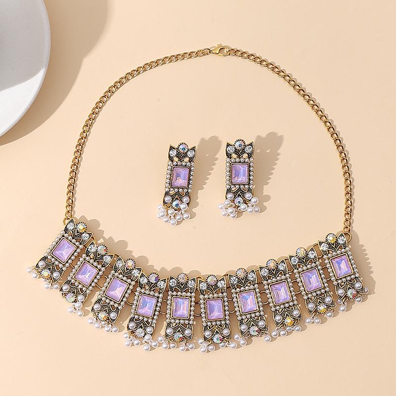 

Crystal Geometric Earrings Bride Simulation Pearl Tassel Necklace Women Wedding Banquet Jewelry Accessories