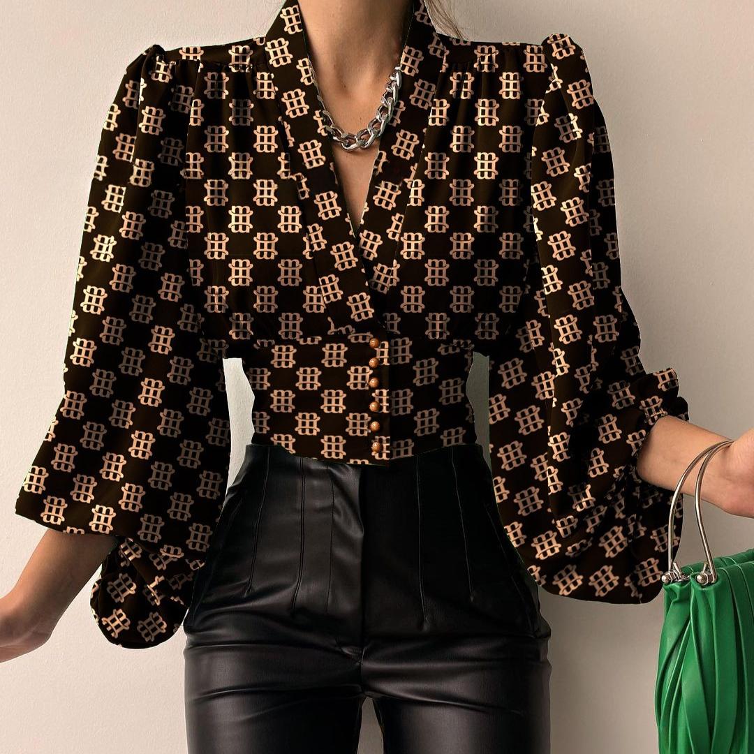 

Жіноча блуза-сорочка з V-подібним вирізом і рукавом-ліхтариком із темпераментом на весну та осінь 3XL хакі/чорний