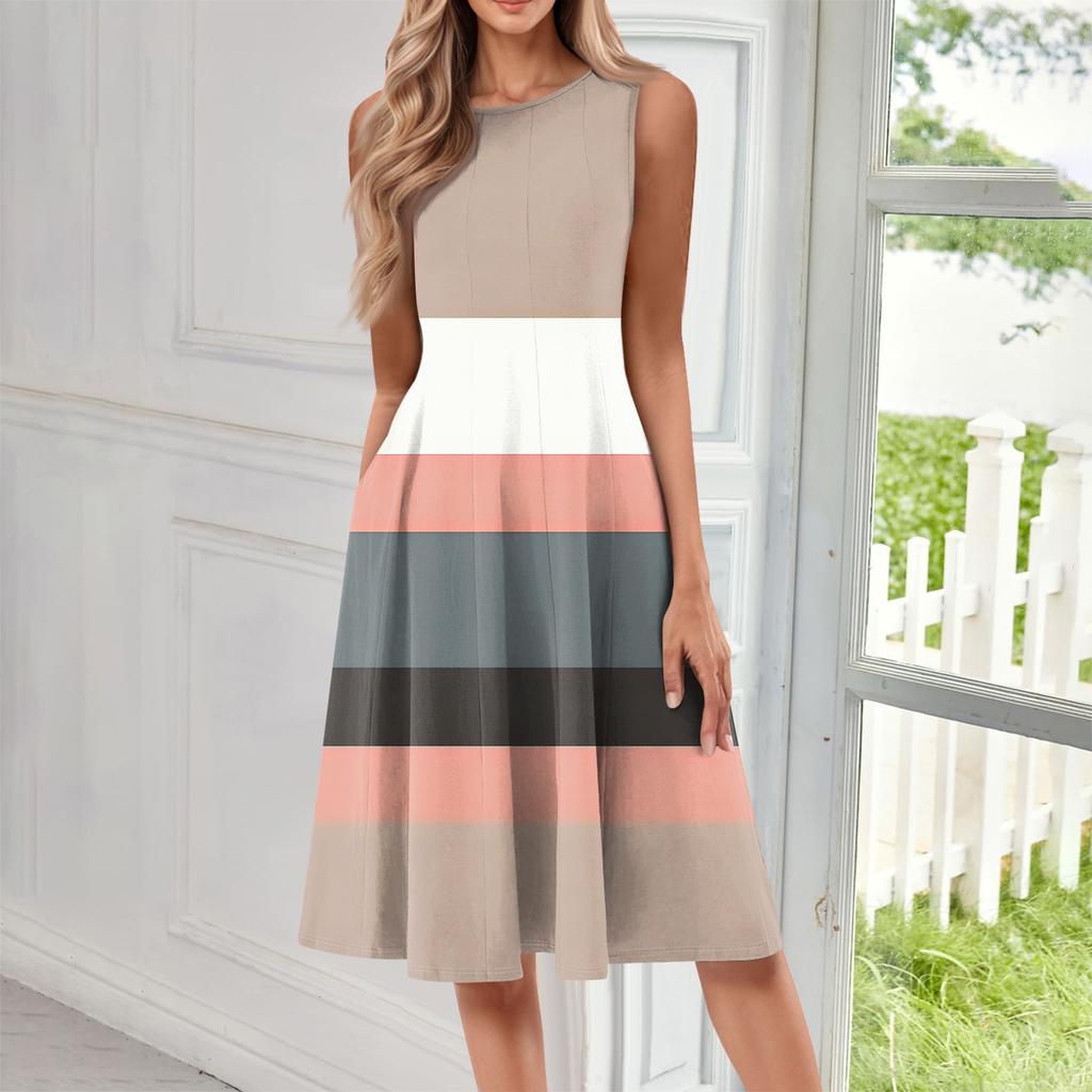 Lässiges, modisches Midikleid mit Rundhalsausschnitt und ärmellosem Print für Damen