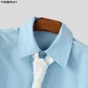 INCERUN Men Tie Lapel Neck Long Sleeve Solid Buttons Up Casual Oversized Shirts
