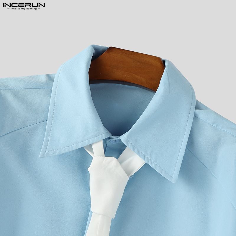 INCERUN Men Tie Lapel Neck Long Sleeve Solid Buttons Up Casual Oversized Shirts