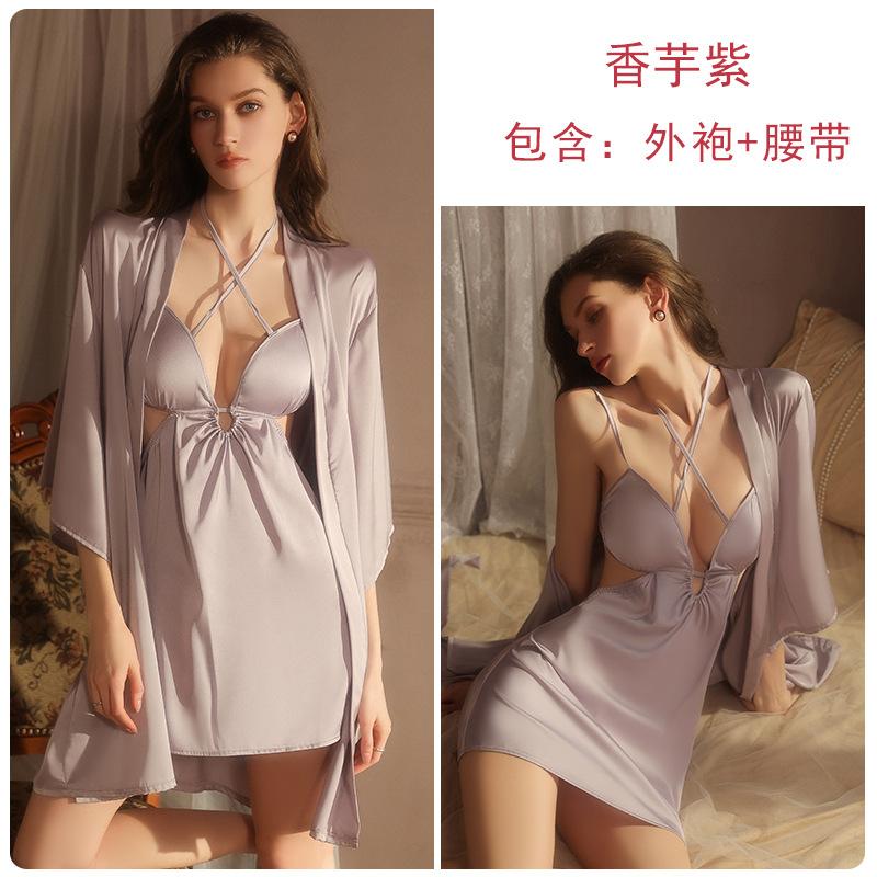 Women's Satin Halter Deep V Padded Backless Sleep Dress with Robe Lounge Set