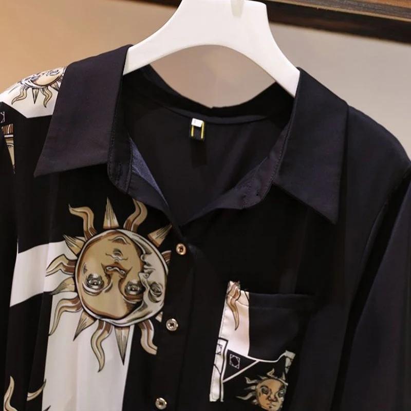 Eleganti Abiti Monopetto al Ginocchio da Donna Stampa Vintage A-line Larghi Collo Polo Donna Primavera Taglie Forti