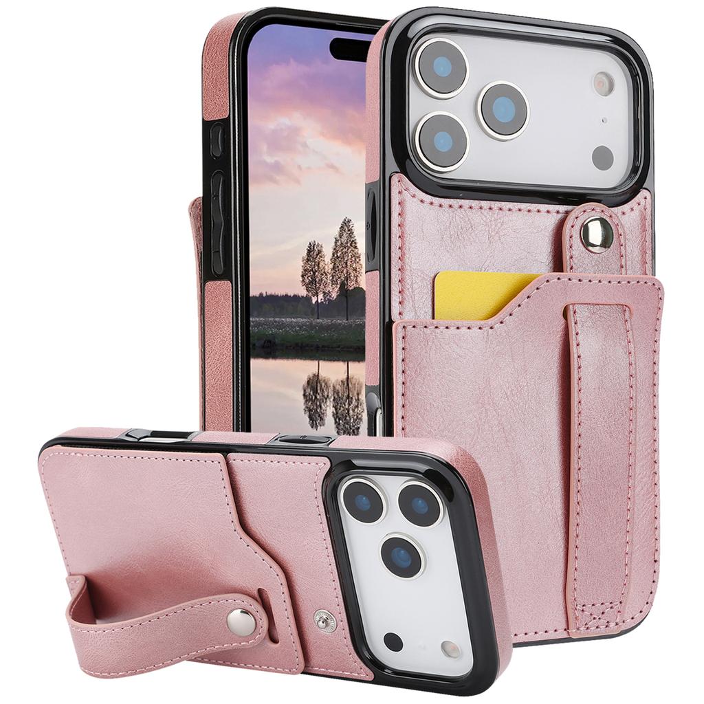 Cards Solt Wallet Wrist Band Leather Case for IPhone 17 16 15 Pro Max 12 13 11 XS X XR 15Plus Bracket Wristband KickStand Cover