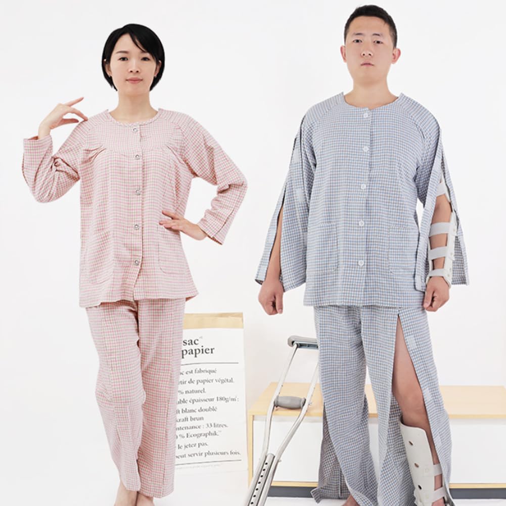 DEEYOTA Care Pajamas for Spring and and Fully Open with Velcro Suitable for Bedridden IV and Dressing Elderly Summer, Men's Women's, Closure,