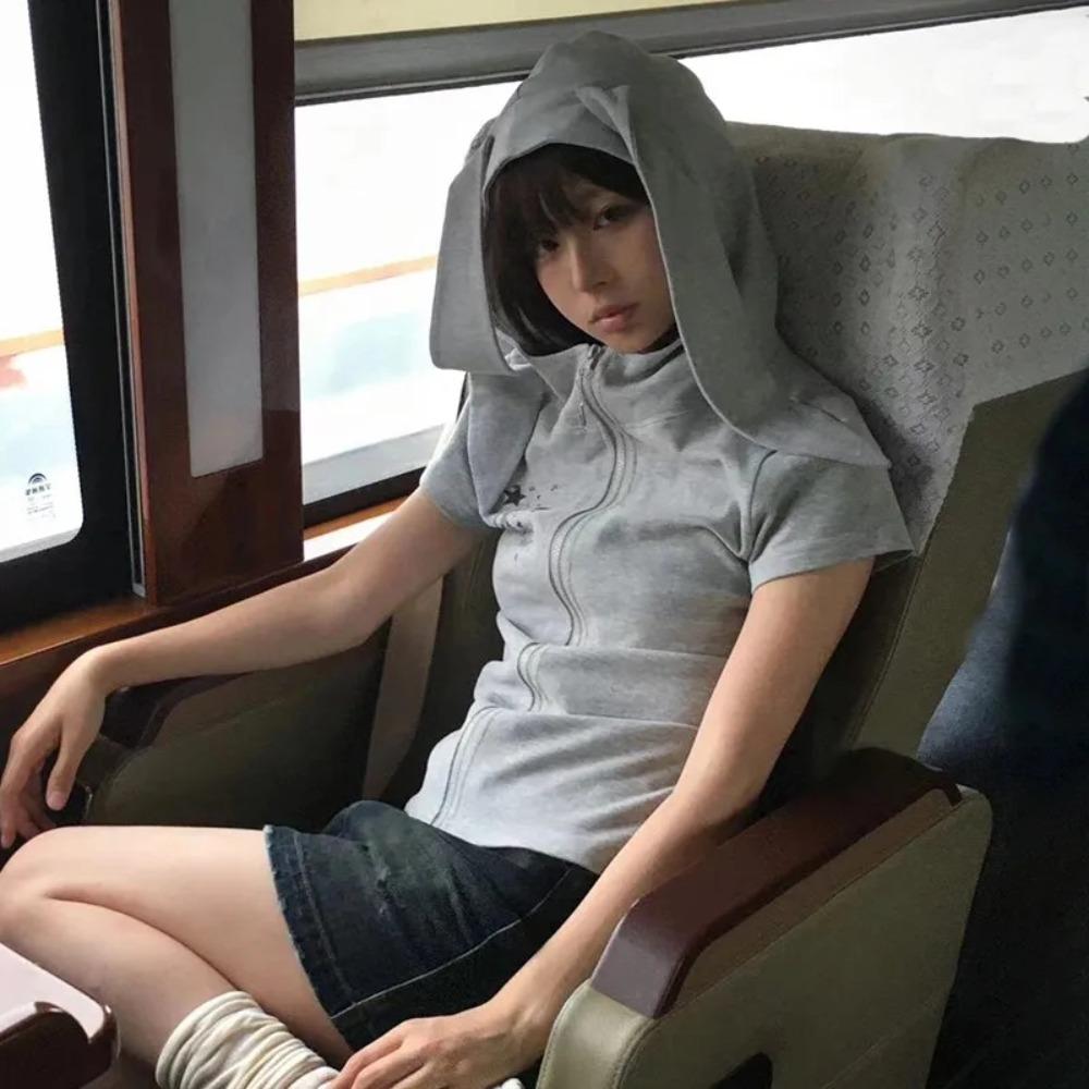 

VAYLA Y2k Толстовка с капюшоном Винтажный стиль 2000-х Кроличьи ушки Топы на молнии Харадзюку Короткий рукав Тонкая куртка Корейский популярный S