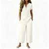 Women's Loose Fit Casual Embroidered Linen Set Short Sleeve Top with Wide Leg Pants Lightweight Summer Outfit