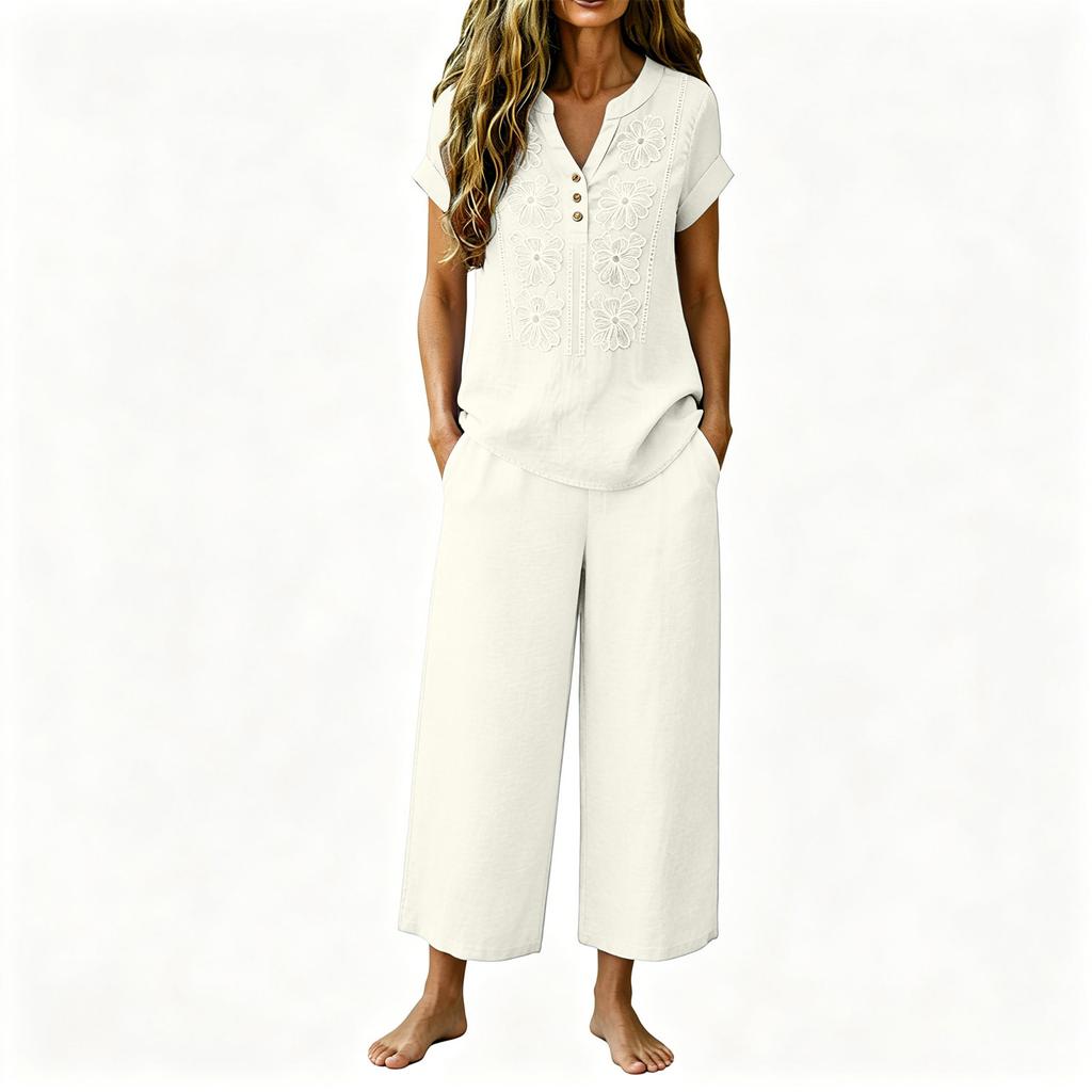 Women's Loose Fit Casual Embroidered Linen Set Short Sleeve Top with Wide Leg Pants Lightweight Summer Outfit