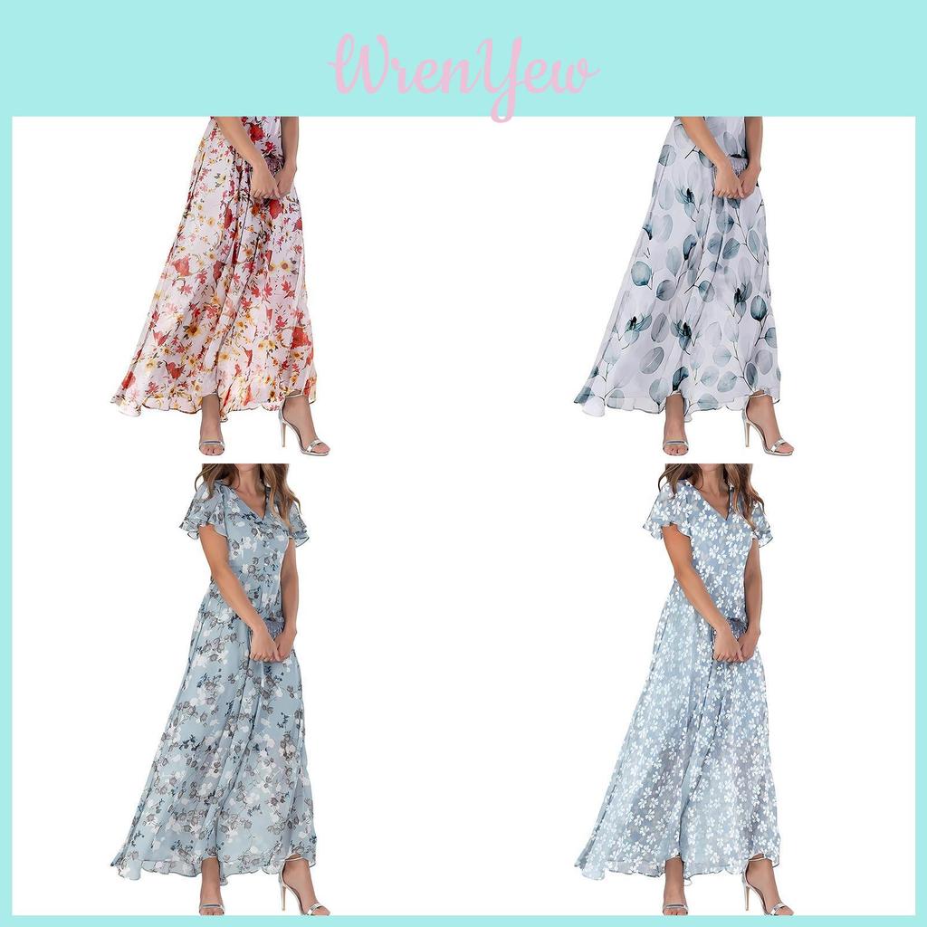 Summer Floral Chiffon Dress With V Neck Short Sleeves For Elegant Casual Wear