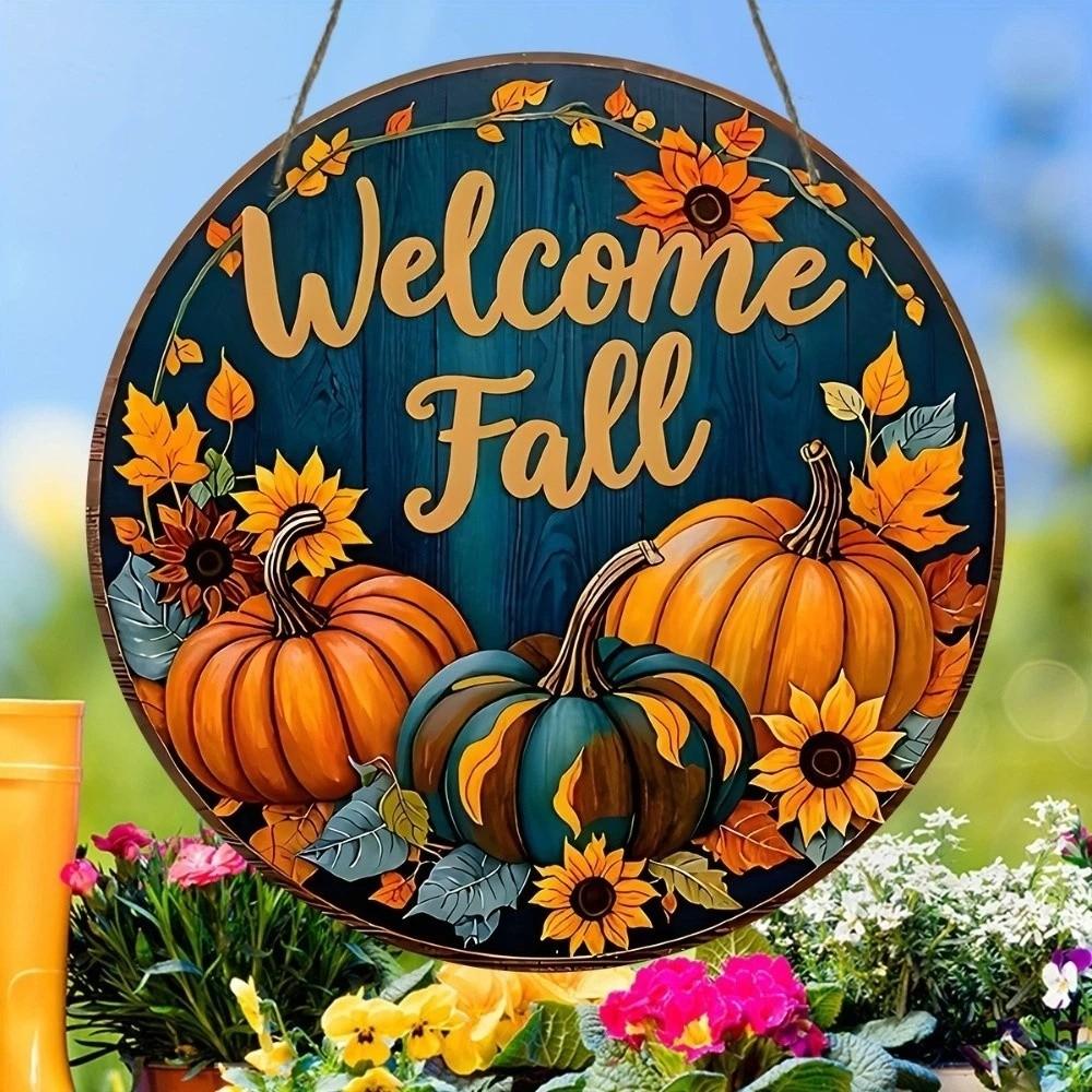 Rustic Welcome Fall Round Wooden Sign Vintage Style Autumn Harvest Wall Decor Thanksgiving
