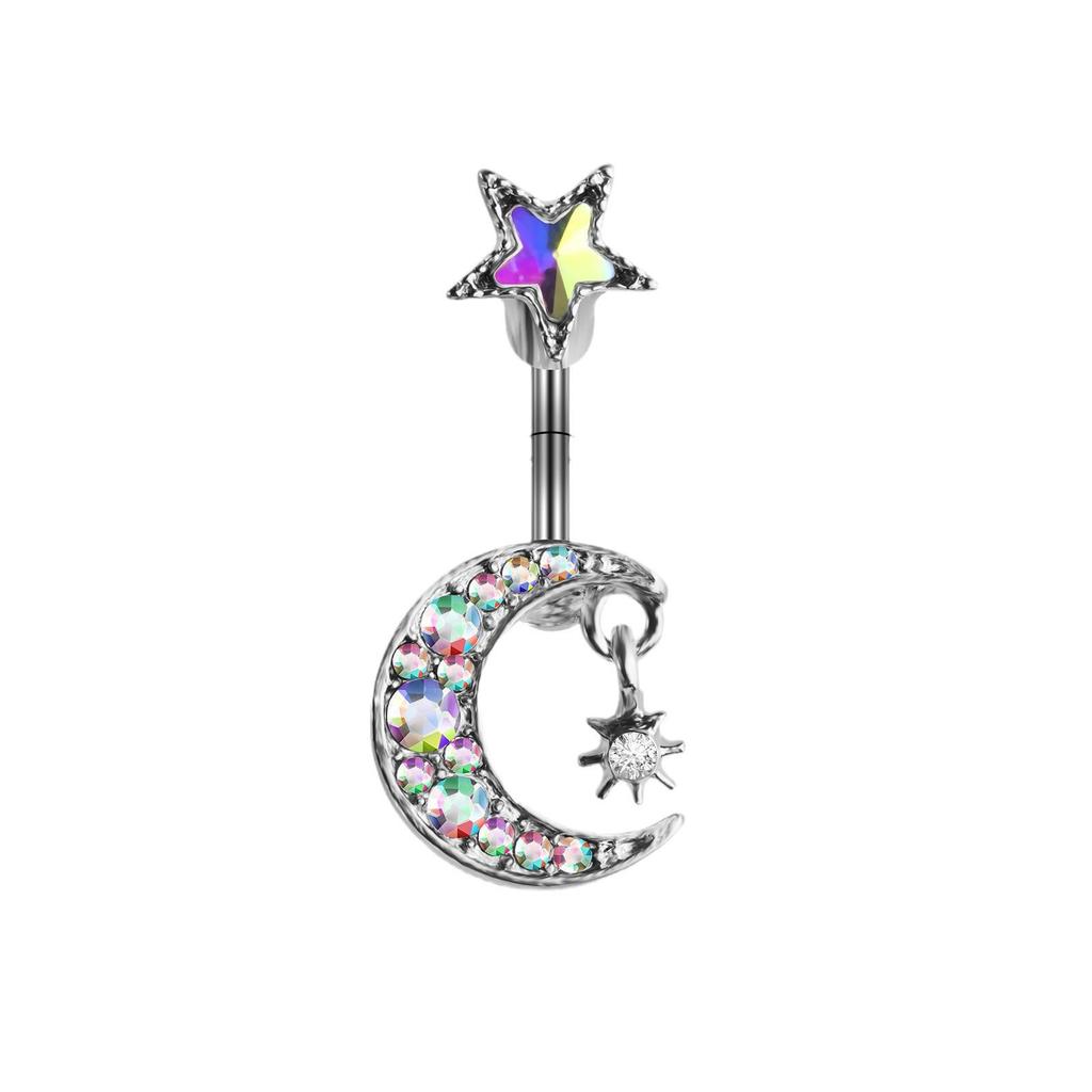 Cross-Border Moon & Star Belly Button Ring - Stainless Steel Piercing Jewelry for Women